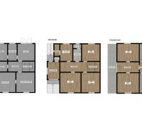 Floor plan of a family house in Koválov with a basement, ground floor, and attic.