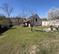 The garden of a family house in Koválov with a lawn, trees, and a gazebo.
