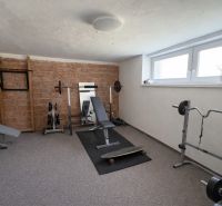 Home gym with exercise equipment in a family house.