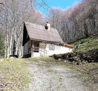A cabin in Lehoty pod Vtáčnikom in the middle of the forest with a wooden terrace and a steep roof.