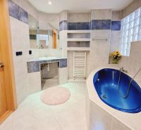 A bathroom in a holiday apartment with a blue bathtub and a glass partition.