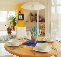 Interior of a holiday apartment with a dining table, plants, and a view of the living area.