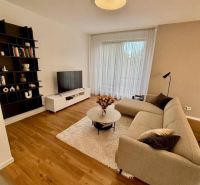 Living room in a two-room apartment with a wooden decor floor, a sofa, and a television.
