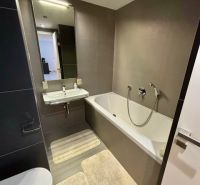 A bathroom in a 2-room apartment with a bathtub, a sink, and beige mats.