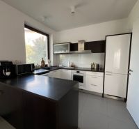A modern kitchen with a dark countertop in a two-room apartment, equipped with appliances and a large window.