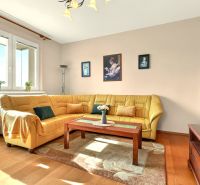 Living room in a 3-room apartment with a corner sofa and a wooden decor floor.