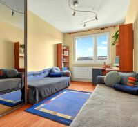 A room in a 3-room apartment with a wooden decor floor, a mirror, and a blue carpet.
