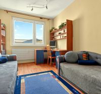 A room with carpets and a wooden decor floor in a three-room apartment, furnished with relaxation furniture.