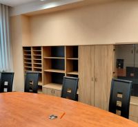 Office with a conference table, office chairs, and furniture with a wood decor.