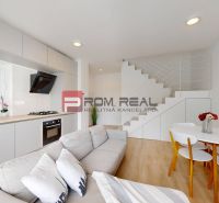 Kitchen and living room in a 3-room apartment with a wooden decor floor.