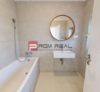 Bathroom in a 3-room apartment with a shower and a sink, large mirror on the wall.