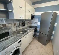 A kitchen in a studio apartment with tiles, a kitchen unit, appliances, and a striped wall.