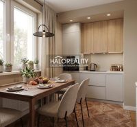 A kitchen in a 3-room apartment with wooden cabinets and a window, flooring with a wooden decor.