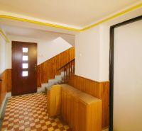 A hallway in a family house with stairs, tiled floor, and wall cladding.