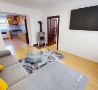 Living room with a sofa, fireplace, and TV, entrance to the kitchen, 2-room apartment, floor with wooden decor.