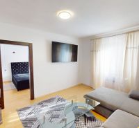 Living room in a two-room apartment with a fireplace, sofa, and TV on the wall.