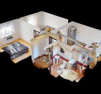 Digital model of a 2-room apartment with wood-decor flooring and a complete bathroom.