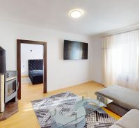 Living room with a corner sofa, fireplace, and wooden decor flooring in a 2-room apartment.