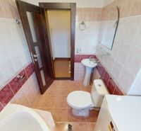 Bathroom in a 2-room apartment with tiles and a washing machine.