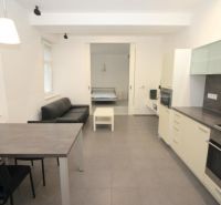 Living room and kitchen in a 2-room apartment with dark furniture and built-in appliances.