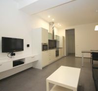 Living room in a two-room apartment with a kitchenette and a TV on the wall.