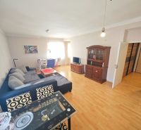 Living room in a two-room apartment with a wooden decor floor and a comfortable sofa.