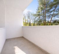 A balcony with a view of trees in a 3-room apartment.