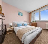 A bedroom in a 3-room apartment with carpet flooring, light walls, and large windows.