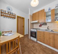 A kitchen in a 3-room apartment with a kitchenette, wood decor, and a dining table with chairs.