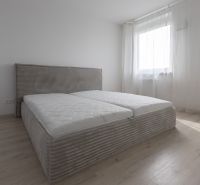 Bedroom with a bed and wooden decor flooring in a two-room apartment.