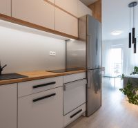 A kitchen in a 2-room apartment with a sink, refrigerator, and wooden decor flooring.
