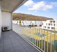 Balcony in a 2-room apartment on Agátová Street, Bratislava - Dúbravka, with a view of the residence.