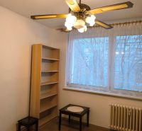 A room in a 3-room apartment with a wooden decor floor, a ceiling fan, and furniture.