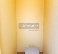 A dry toilet in a yellow room with walls without doors and a floor with a wooden decor.