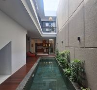 Swimming pool in a villa, with a wooden decor floor, surrounded by houseplants.
