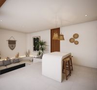 Living room of the villa with white furniture, a houseplant, and natural decorations.