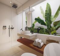 Bathroom in a villa with a glass wall and tropical plants, light colors and clean lines.