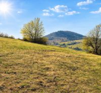 Sunlit agricultural and forest lands in Kotrčiná Lúčka under a blue sky.