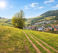 Idyllic landscape in Kotrčina Lúčka with agricultural and forest lands spreading around the village.