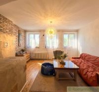 Living room in a family house with a brick wall and a wooden decor floor.