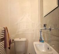 Bathroom in a family house with a toilet, sink, and mirror.