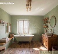 A bathroom in a family house with a wooden decor floor and a freestanding bathtub.
