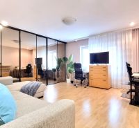Living room in a studio apartment with wood-patterned flooring, mirrors, and comfortable furniture.