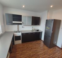 A kitchen in a studio apartment with black kitchen cabinets, a white stove, and a wooden-patterned floor.