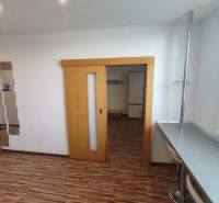 A one-room apartment with sliding doors and a wooden decor floor.