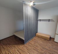 Bedroom in a studio apartment, wooden decor flooring, minimalist furnishings.