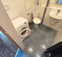 A bathroom with a washing machine, toilet, and sink in a studio apartment with blue tiles.