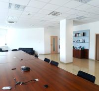 Offices with a long wooden table, floor with wooden decor, comfortable seating.