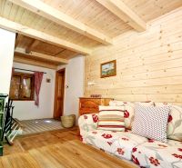 The interior of a cottage with a fireplace, a couch, and a wall made of wooden panels.