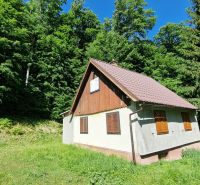 A cottage in Moravany nad Váhom at Striebornica, surrounded by forests under the blue sky.